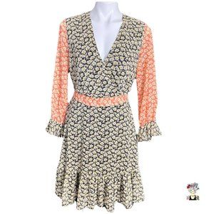 Yas Floral‎ Slip Dress V Neck Long Sheer Sleeves  Knee Length Small